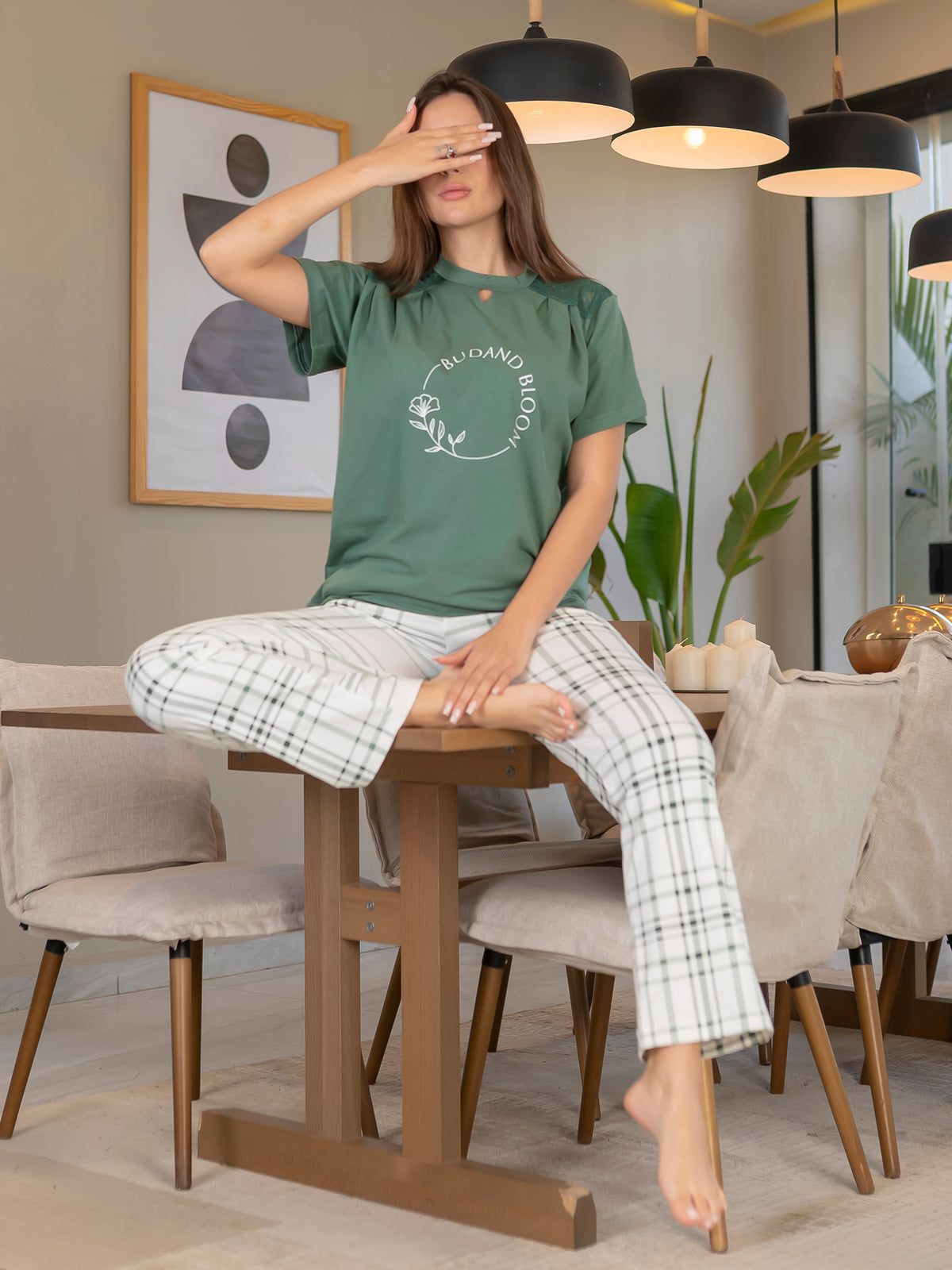 Lace Shoulder Plaid Cotton Pajama Set - Mint Green