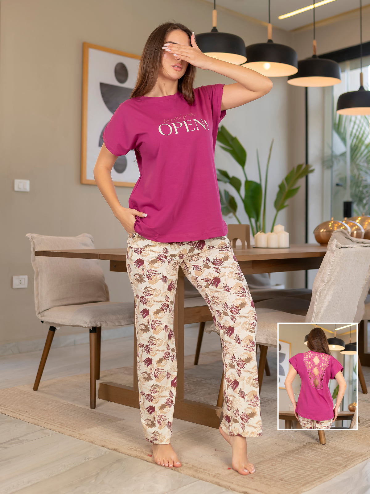 Lace Back Cotton Pajama Set - Berry Color