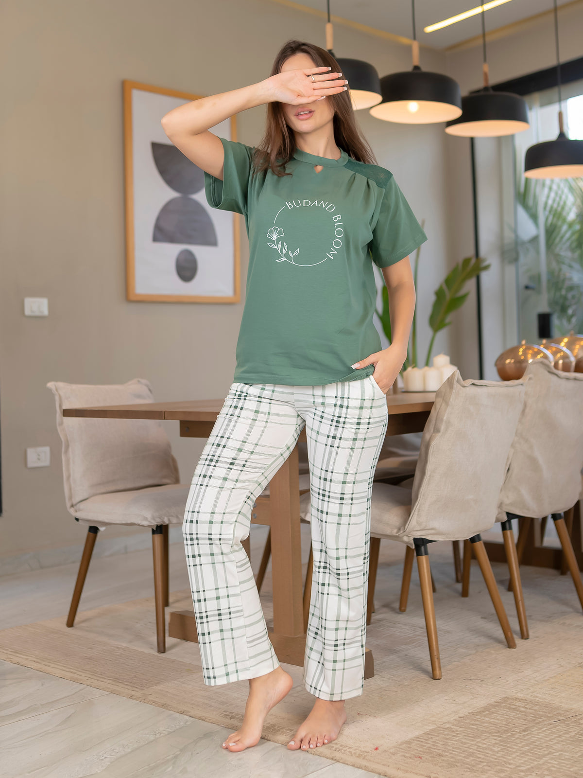 Lace Shoulder Plaid Cotton Pajama Set - 2 Pieces