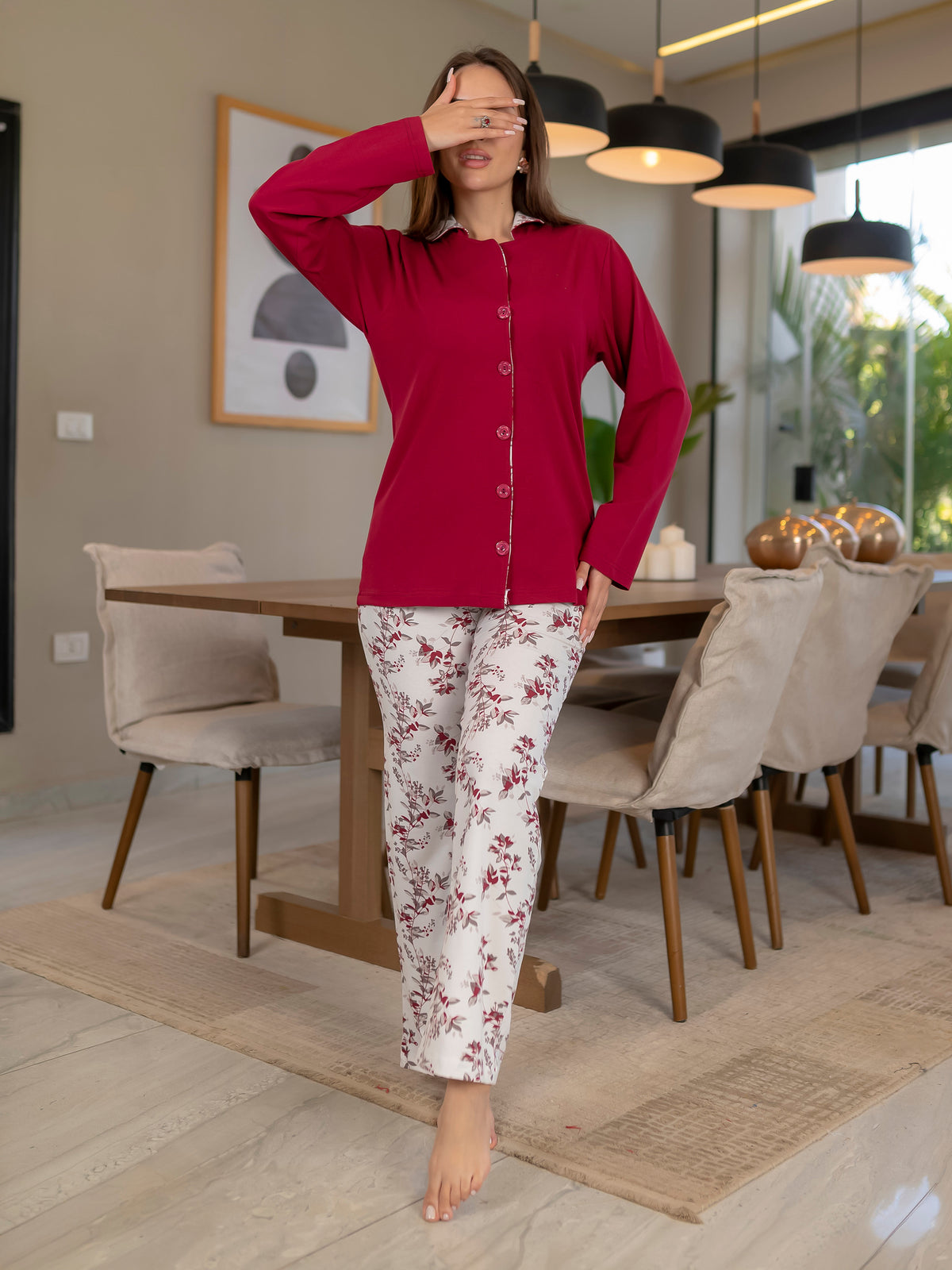Button-Up Shirt & Floral Trousers Cotton Pajama Set – Burgundy