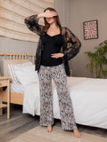 Tiger Print Pajama Set with Short Lace Robe – 3 Pieces – Black