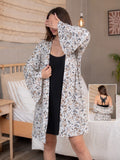 Floral Robe & Short Dress Set – 2 Pieces – Black