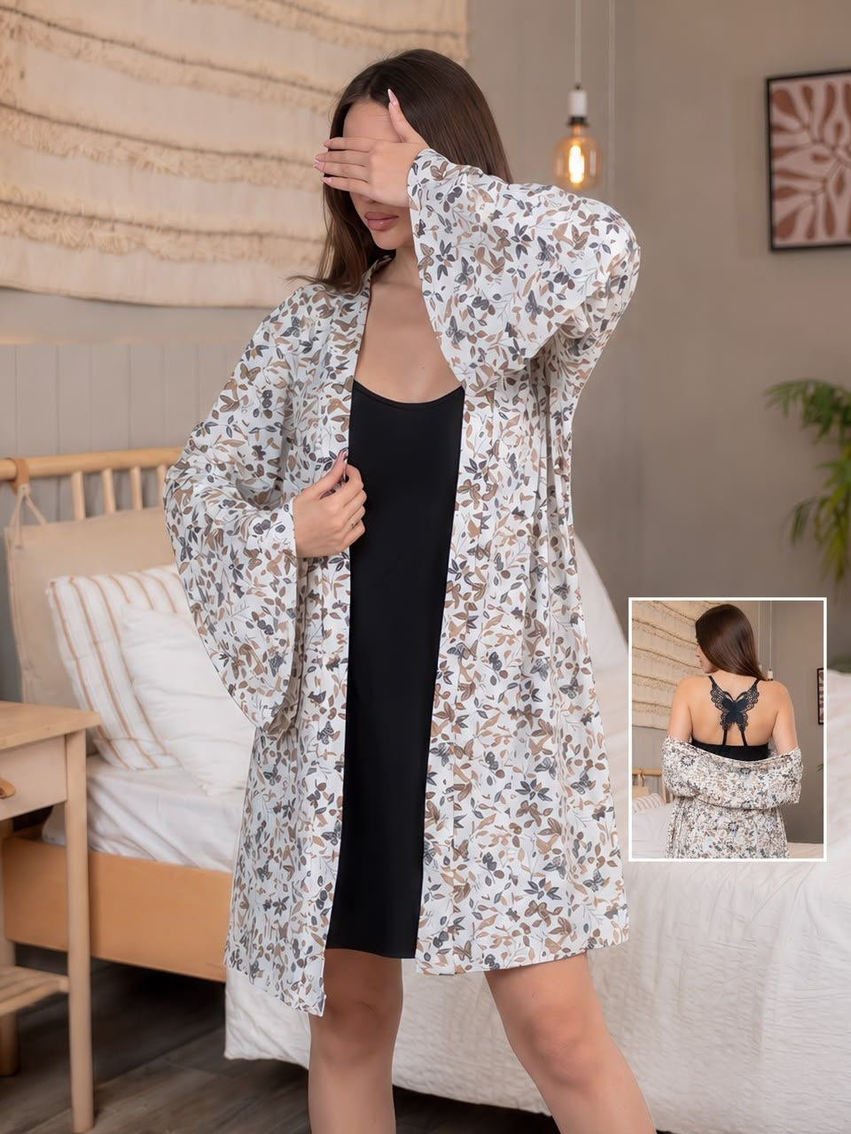 Floral Robe & Short Dress Set – 2 Pieces – Black