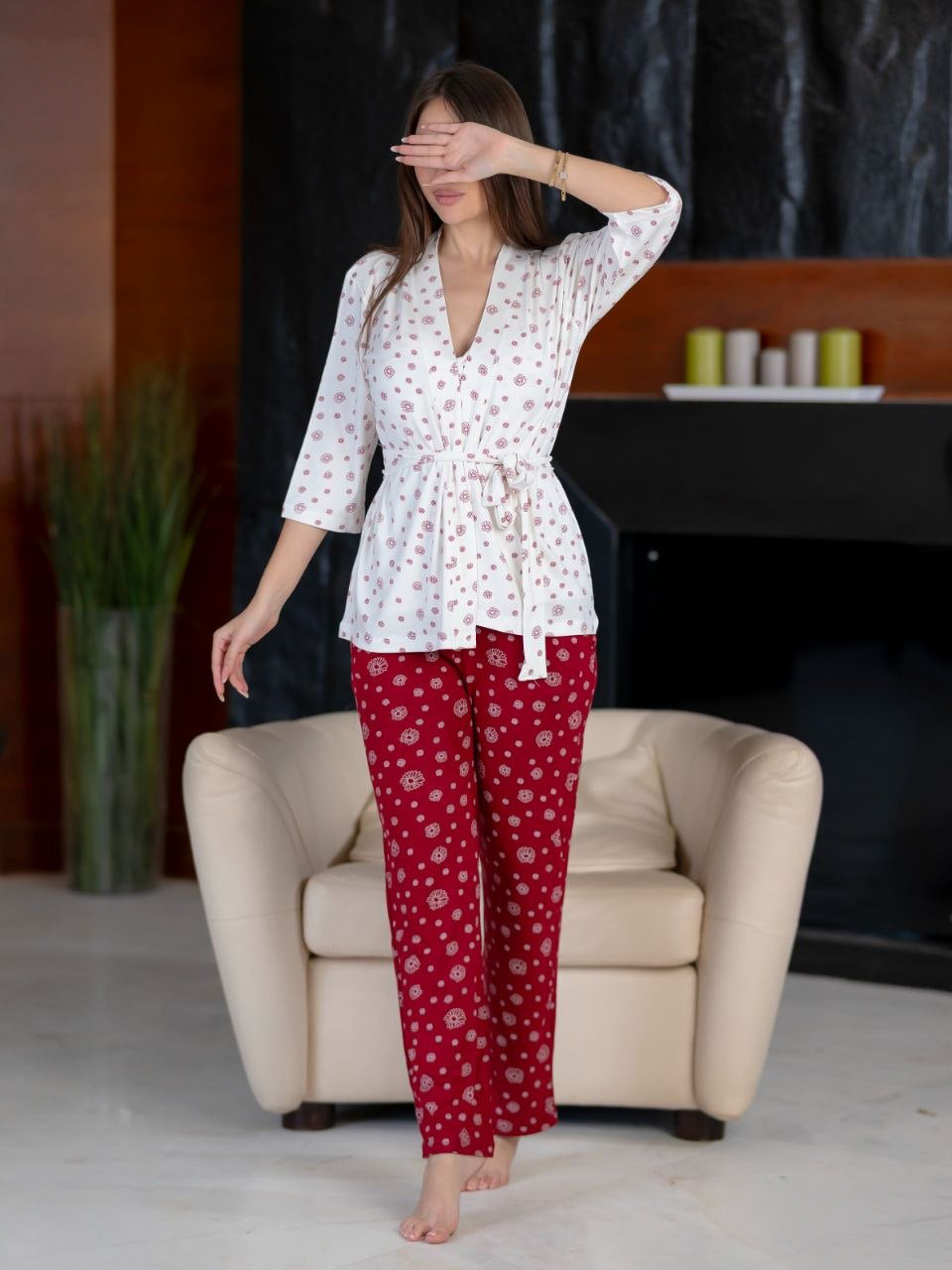 Printed Viscose Pajama Set – 3 Pieces – Burgundy