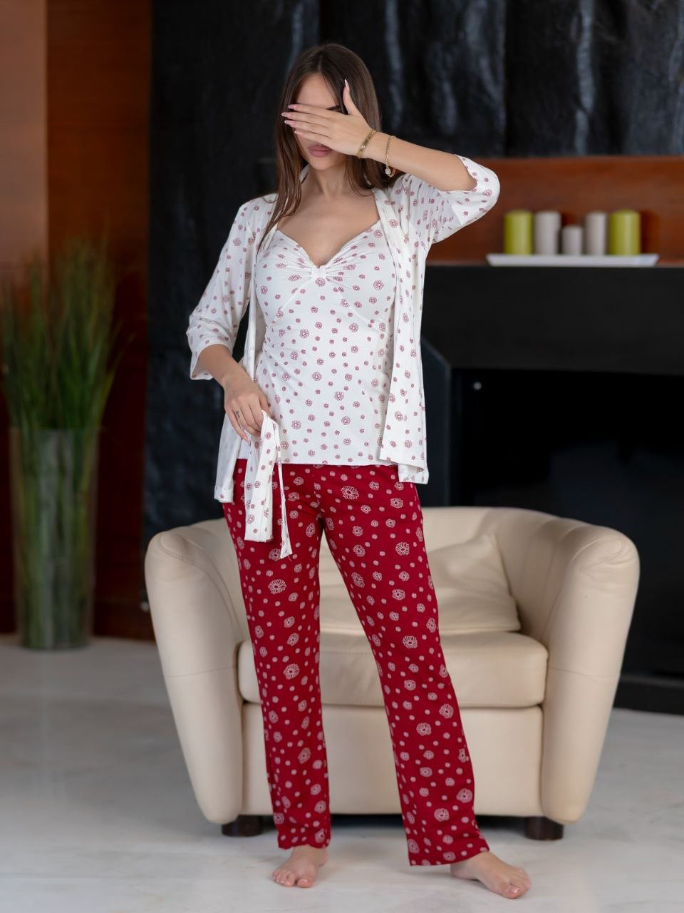 Printed Viscose Pajama Set – 3 Pieces – Burgundy